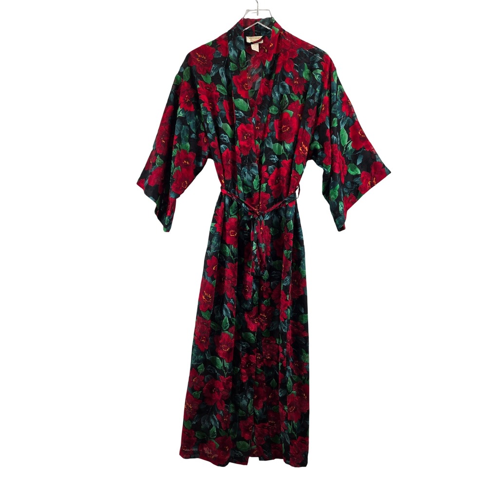 Vintage Victorias Secret Red Floral Burnout Jacquard Long Robe P/S Belted